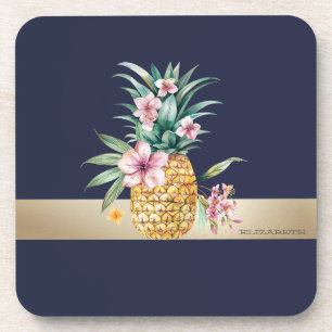 Floral Pineapple,Gold Stripe Coaster