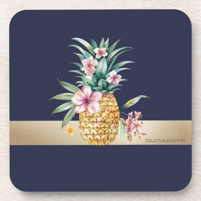 Floral Pineapple,Gold Stripe Coaster (Front)
