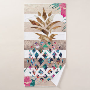 Floral Pineapple gold striped design Bath Towel Set
