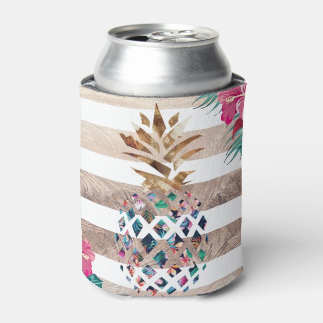 Floral Pineapple gold striped design Can Cooler (Can Front)