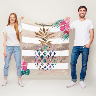 Floral Pineapple gold striped Fleece Blanket