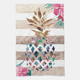 Floral Pineapple gold striped Tea Towel