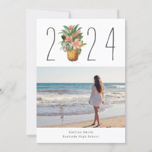 Floral Pineapple Tropical Graduation Photo Invitation