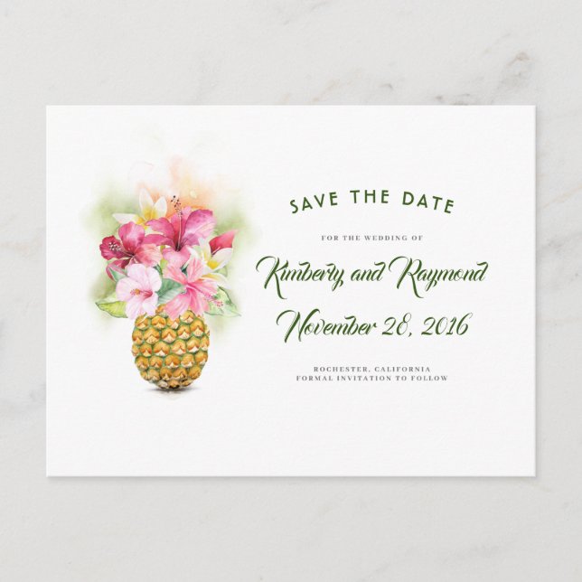 Floral Pineapple Vase Tropical Beach Save the Date Announcement Postcard (Front)