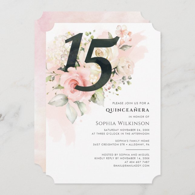 Floral Pink 15th Birthday Quinceanera Rustic Invitation (Front/Back)