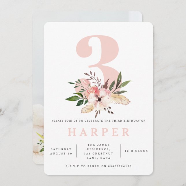 floral pink 3rd birthday party photo invitation (Front/Back)