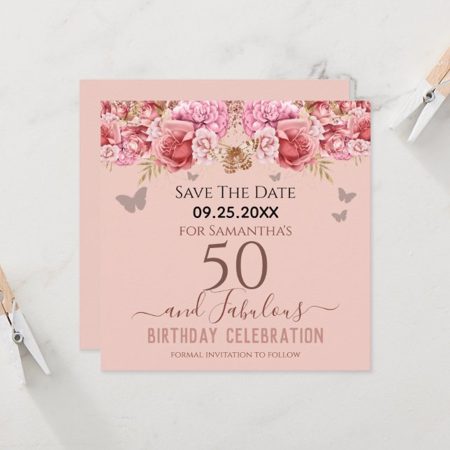 Floral Pink 50th Birthday Save the Date (Front/Back In Situ)