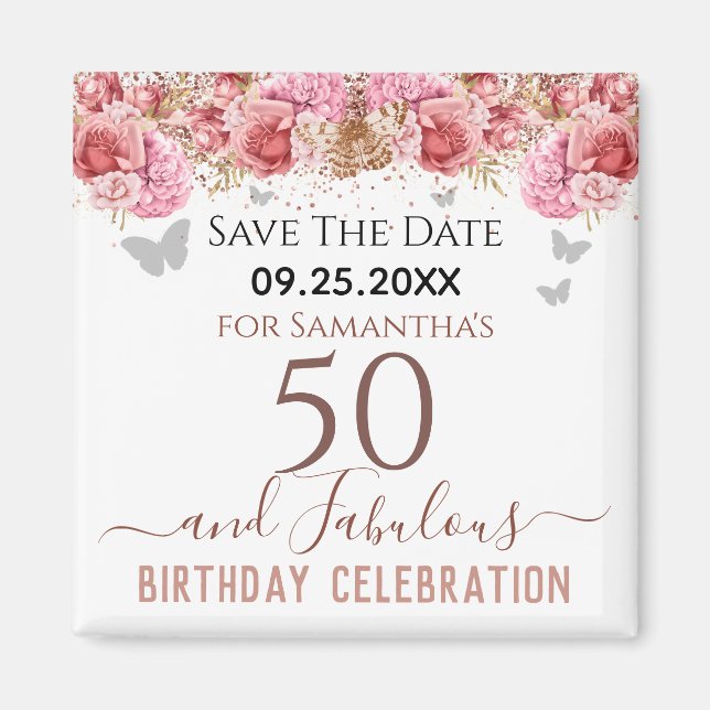 Floral Pink 50th Birthday Save the Date Magnet (Front)