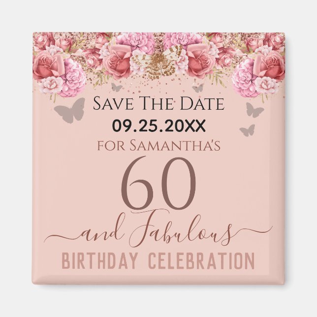Floral Pink 60th Birthday Save the Date Magnet (Front)