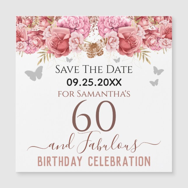 Floral Pink 60th Birthday Save the Date Magnet (Front)