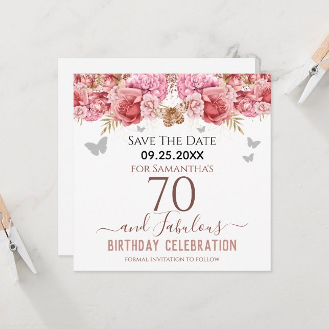 Floral Pink 70th Birthday Save the Date (Front/Back In Situ)
