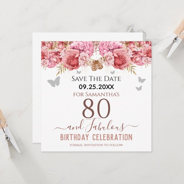 Floral Pink 80th Birthday Save the Date (Front/Back In Situ)