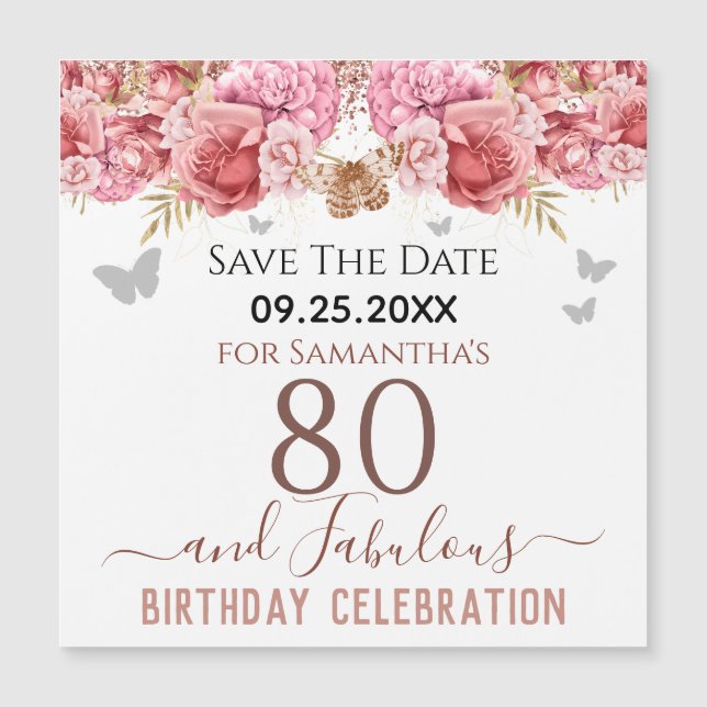 Floral Pink 80th Birthday Save the Date Magnet (Front)