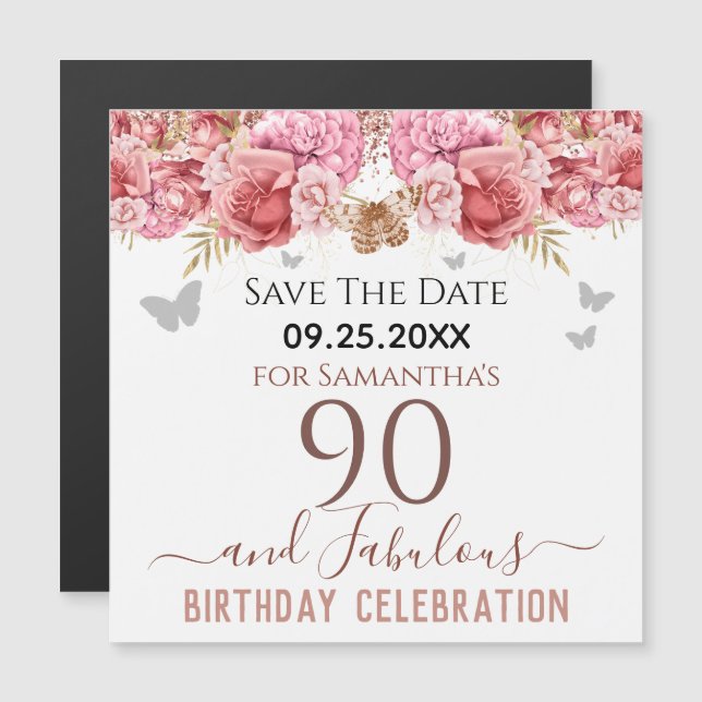 Floral Pink 90th Birthday Save the Date Magnet (Front/Back)