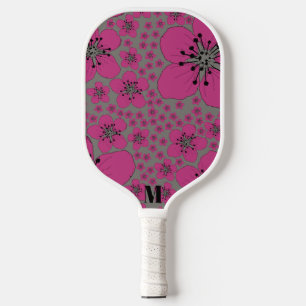 Floral Pink and Black Modern Monogram Pickleball Paddle