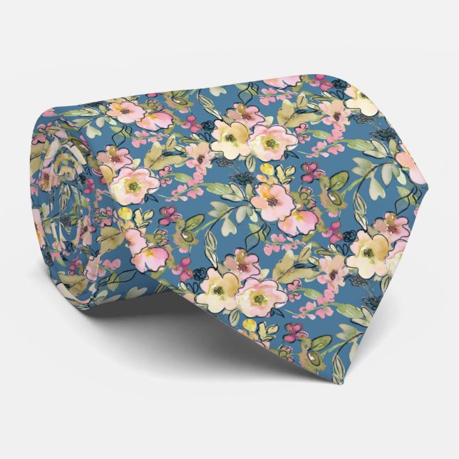 Floral Pink and Blue Tie (Rolled)