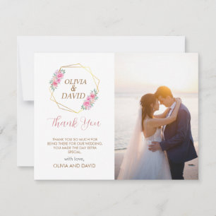Floral Pink and Faux Gold Script Photo Wedding Thank You Card