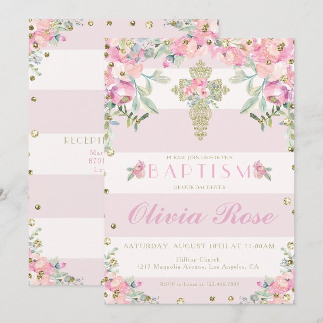 floral pink and gold baptism invitation for a girl (Front/Back)
