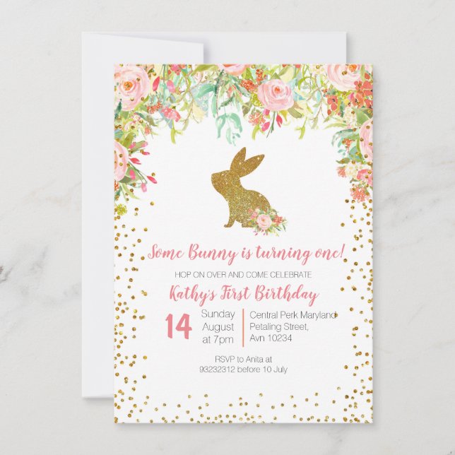 Floral Pink and Gold Bunny Birthday Floral Invitation (Front)
