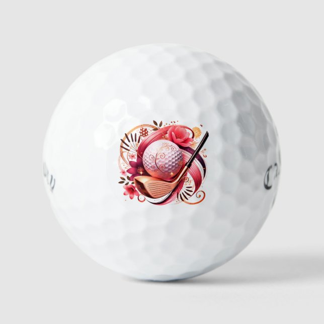 Floral Pink and Gold Golf Balls (Front)