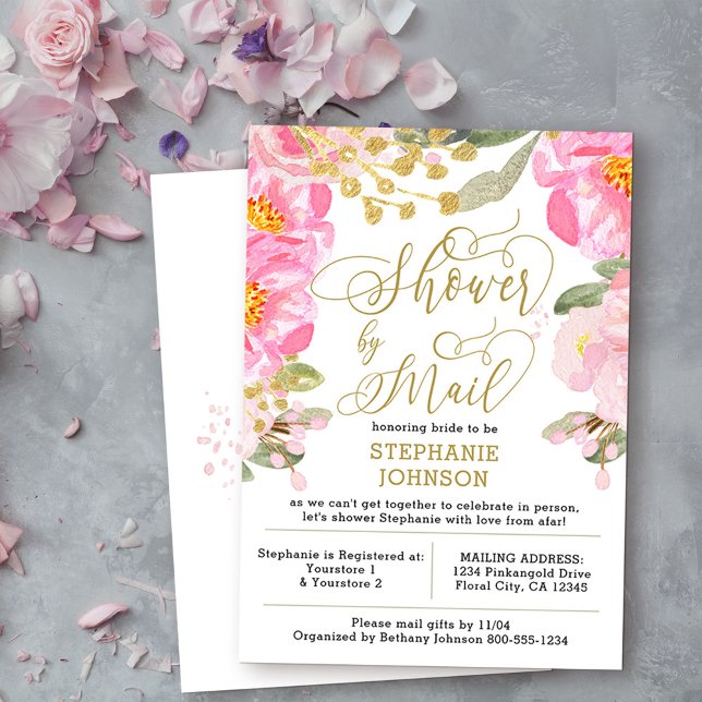 Floral Pink and Gold Virtual Bridal Shower by Mail Invitation (Bridal Shower by Mail invite from my Pink and Gold Watercolor Floral Collection)