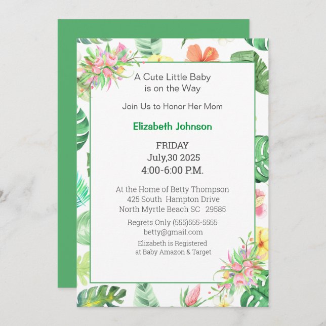 Floral Pink and Green  Baby Shower Invitation (Front/Back)