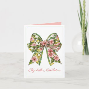 Floral Pink and Green Watercolor Bow Personalised Note Card