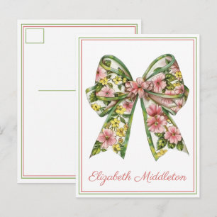 Floral Pink and Green Watercolor Bow Personalized Postcard