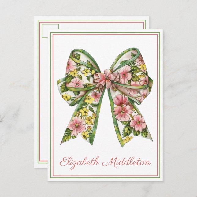 Floral Pink and Green Watercolor Bow Personalized Postcard (Front/Back)