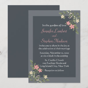 Floral Pink And Grey Flowers Grey Country Wedding Invitation