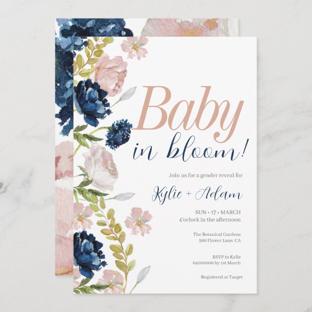 Floral Pink and Navy Gender Reveal Baby Shower Invitation (Front/Back)