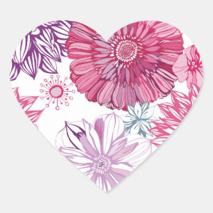 Floral Pink and Purple Retro Style Heart Sticker