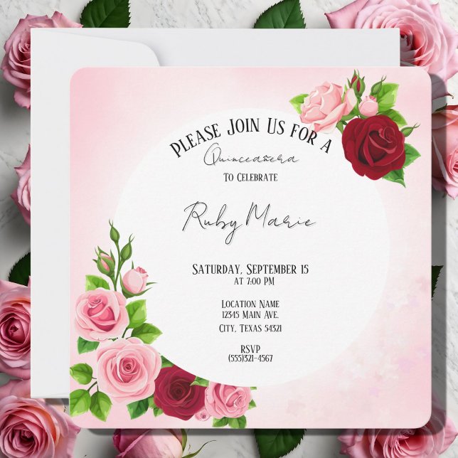 Floral Pink and Red Roses Quinceanera Invitation (Creator Uploaded)