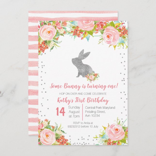 Floral Pink and Silver Bunny Birthday Floral Invitation (Front/Back)