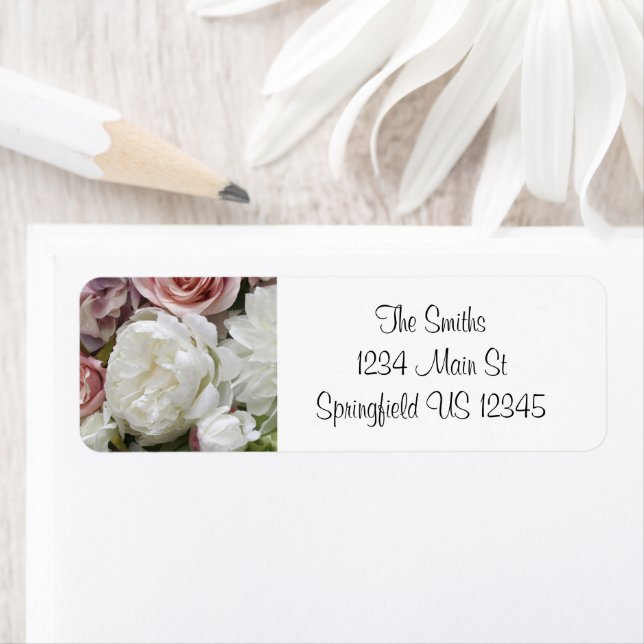 Floral pink and white script return address label (Insitu)