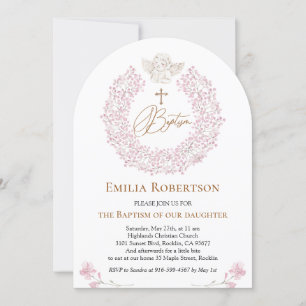 Floral Pink Baby Angel Cross Baptism Invitation