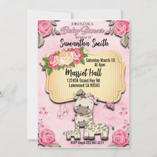Floral pink Baby giraffe Baby shower invitation