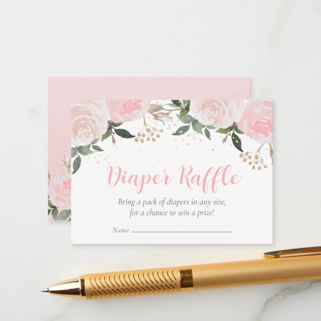 Floral Pink Baby Shower Diaper Raffle  Enclosure Card (Front/Back In Situ)