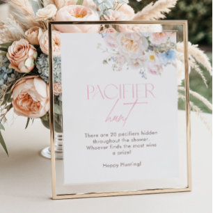 Floral Pink Baby Shower Game Pacifier Hunt Poster