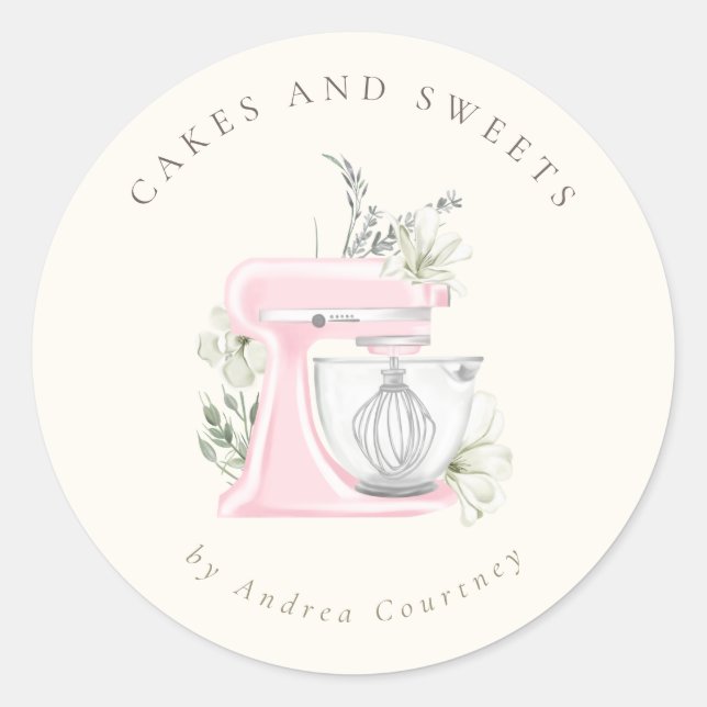Floral Pink Bakery Pastry Chef Cake Mixer Classic Round Sticker (Front)