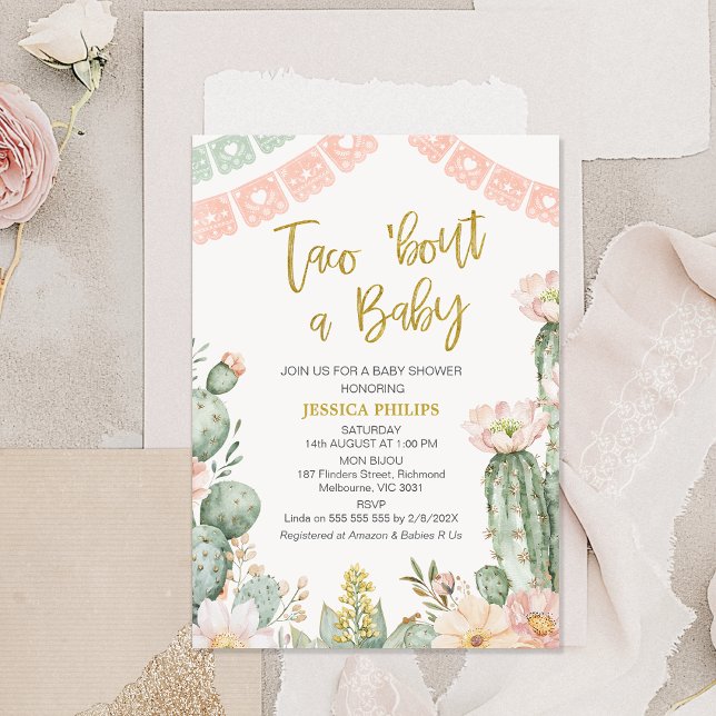 Floral Pink Banner Taco Bout A Baby Baby Shower Invitation (Boho Blush Floral Taco 'bout a Baby baby Shower Invitation Template, Girls Taco 'bout a Baby Invite)