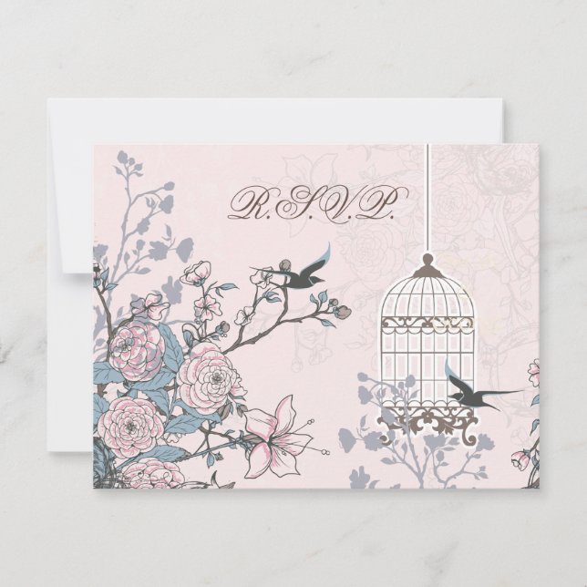floral pink bird cage, love birds RSVP Card (Front)