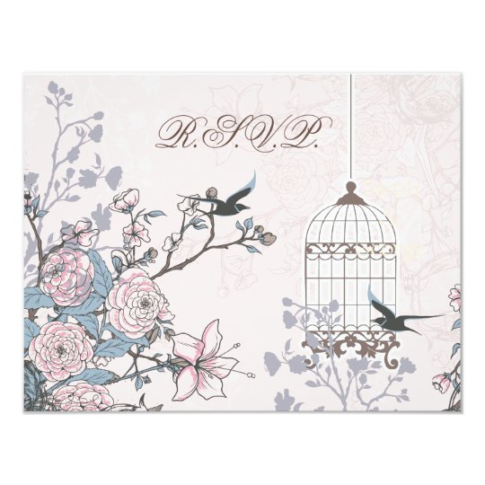 floral pink bird cage, love birds RSVP Card