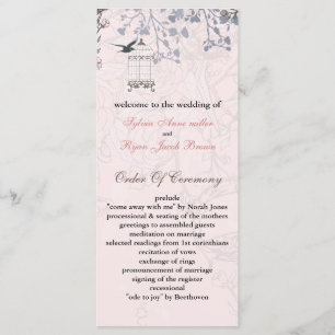 floral pink bird cage, love birds wedding programs