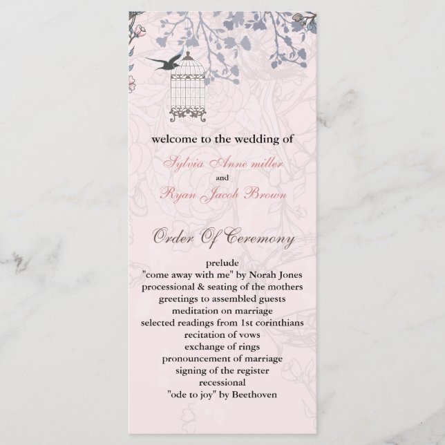 floral pink bird cage, love birds wedding programs (Front)