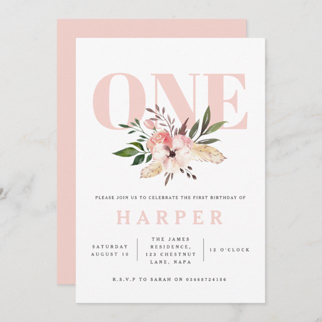 floral pink birthday party photo invitation (Front/Back)