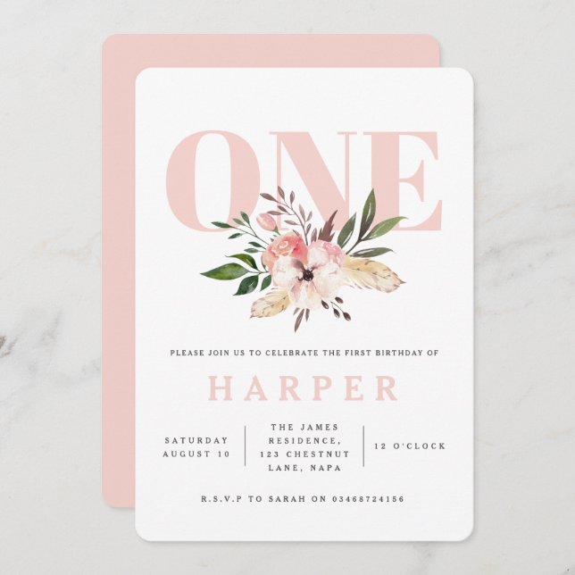 floral pink birthday party photo invitation (Front/Back)
