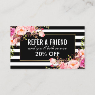 Floral Pink Black and White Striped Referral Business Card