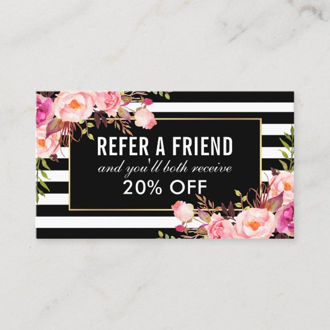 Floral Pink Black and White Striped Referral Business Card (Front)