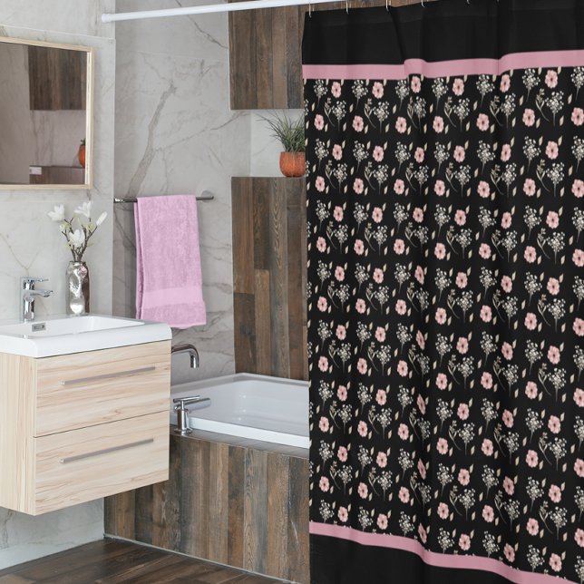 Floral Pink Black Bathroom Shower Curtain (Creator Uploaded)